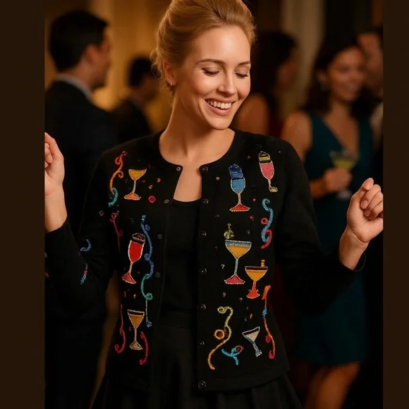 80s BERER 2 BLACK & MULTI-COLOR COCKTAILS HOUR W STREAMERS CARDIGAN SWEATER SZ S - Picture 1 of 12